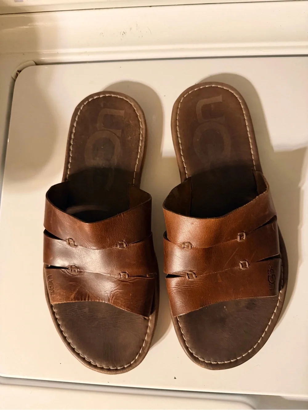 UGG Men’s Brown Leather Slide Sandals Comfort Casual Slip On Slides Size 12